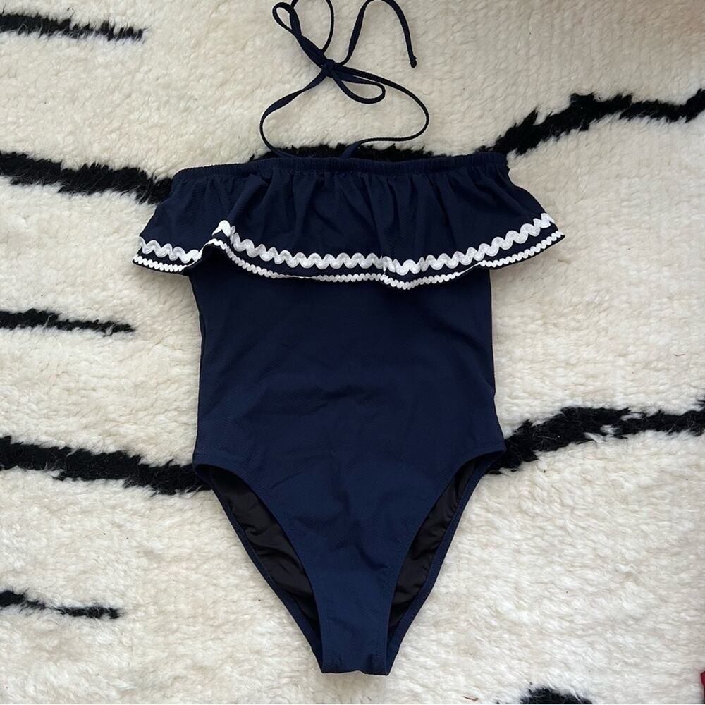 J. Crew Navy Halter Ric Rac Ruffle One Piece Swimsuit - Picture 2 of 7